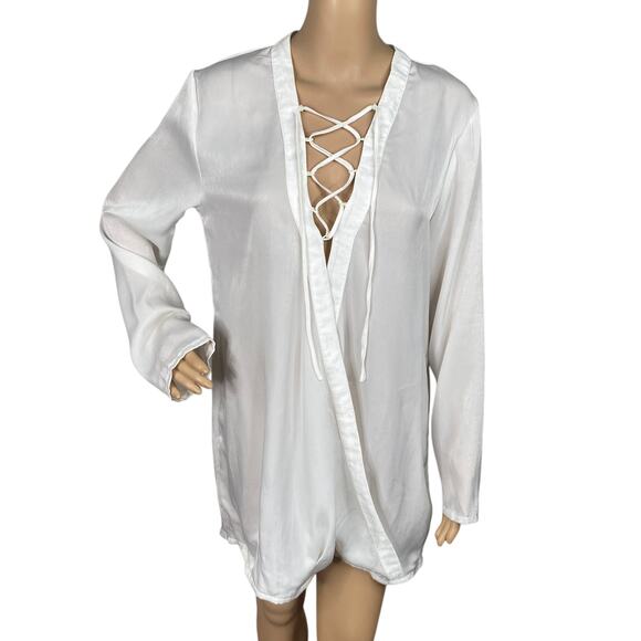 Rat & Boa NWT Rare Ivory Satin Lace Up Crossover Wrap Tunic Top SZ L - Picture 1 of 10
